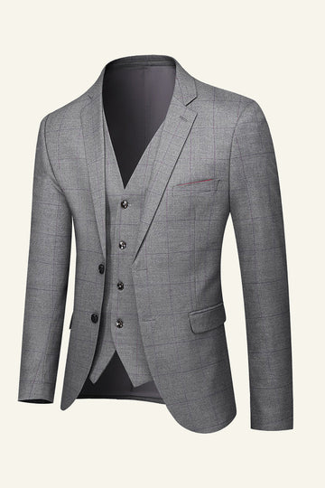 Costume de mariage pour hommes à carreaux gris 3 pièces à revers cranté
